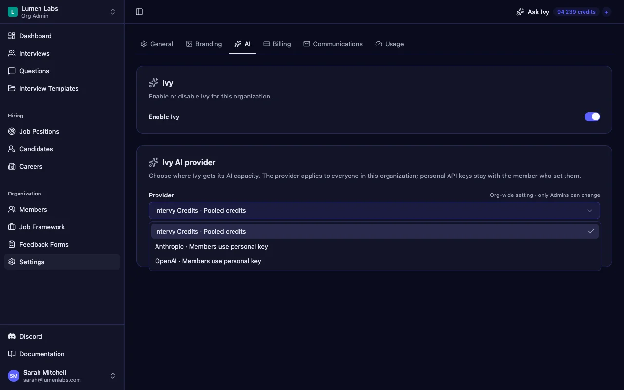 AI provider settings with options for Intervy credits, Anthropic or OpenAI using members' own API keys