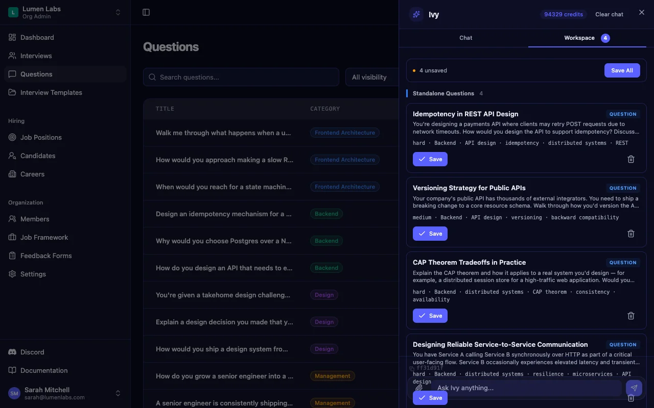 AI interview question generator in Intervy showing four drafted backend questions with difficulty, category and tags awaiting review