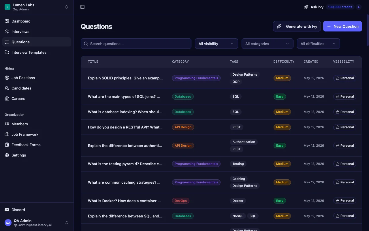 Technical interview preparation tool showing backend developer questions organized by category, tags, and difficulty levels