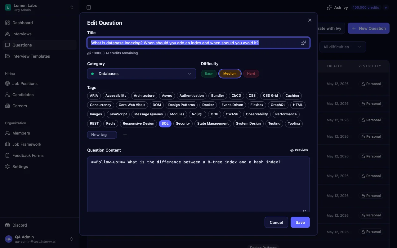 Interview question detail page showing a backend indexing question with reference answer and code examples