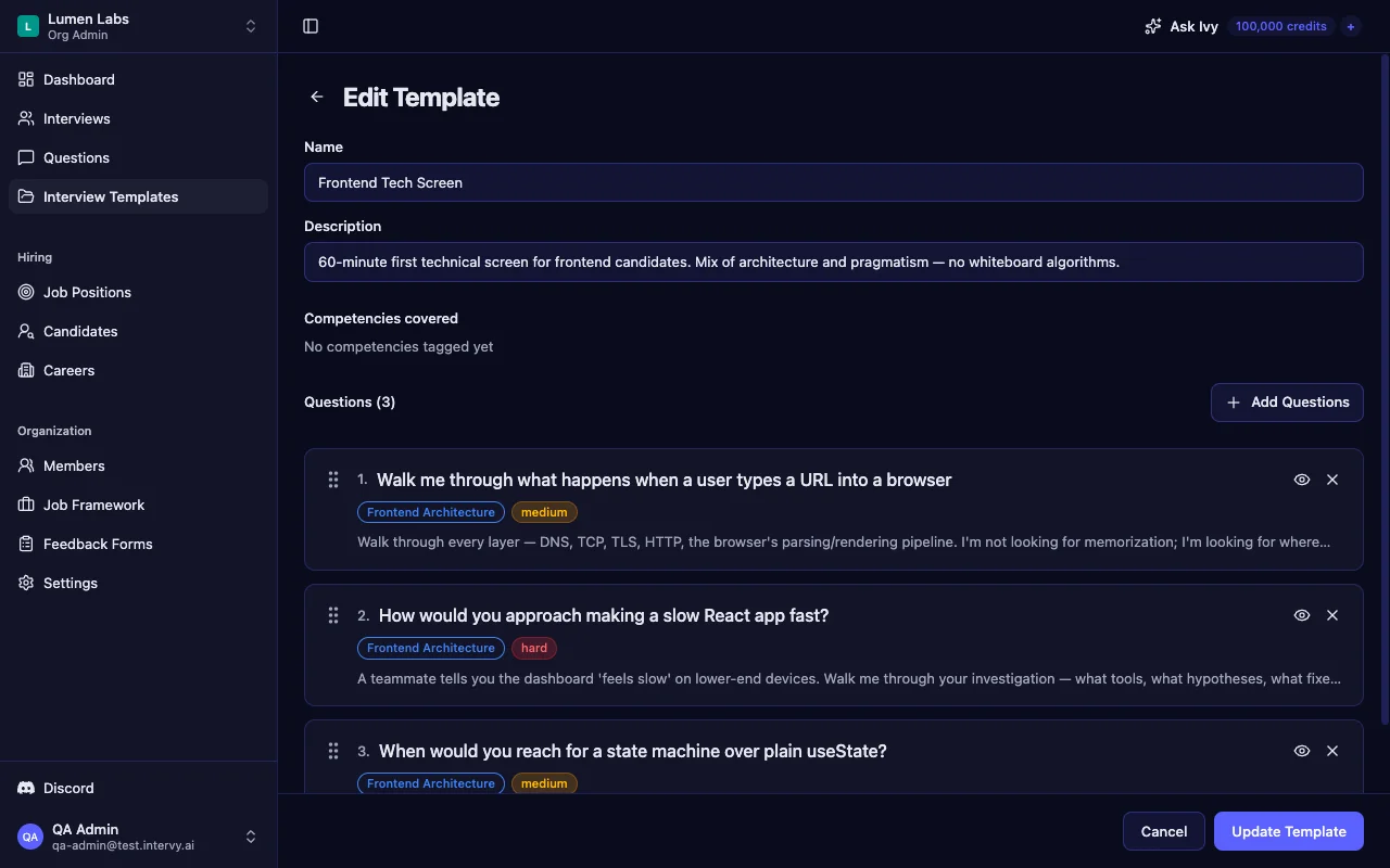 Interview template builder showing reusable backend developer interview templates with question counts