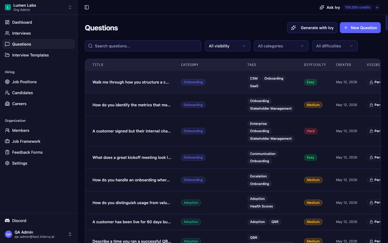 Question bank populated with customer success manager interview questions grouped by category, difficulty, and tags inside a structured interview tool