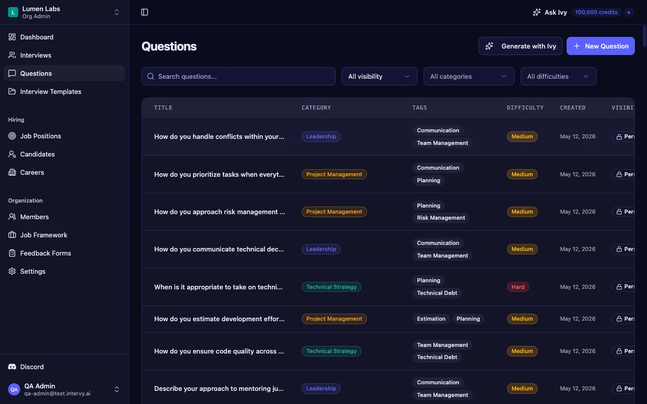 Public engineering manager interview questions bank page on Intervy showing six color-coded competency categories used as a structured interview tool