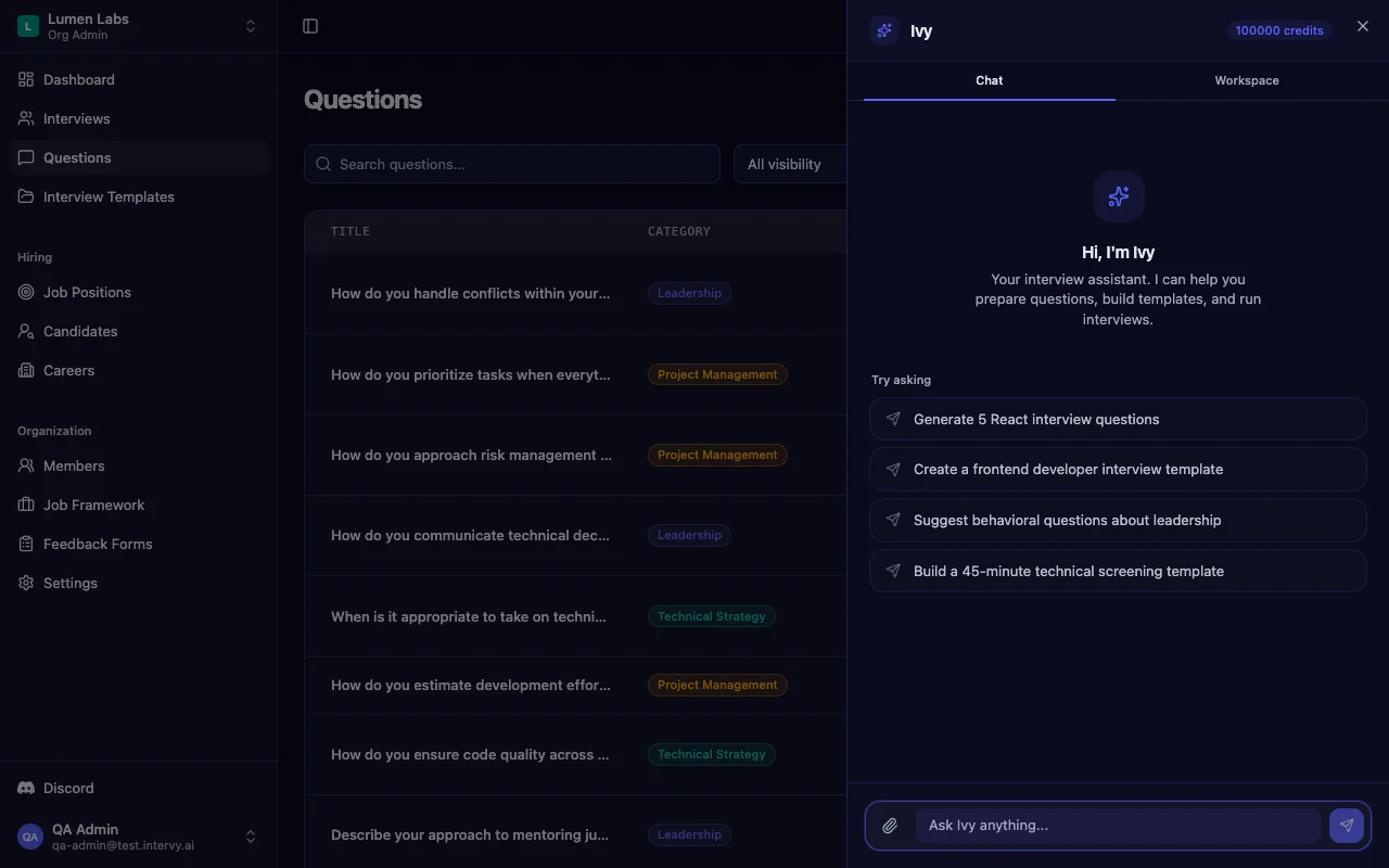 AI interview question generator Ivy proposing senior frontend developer interview questions