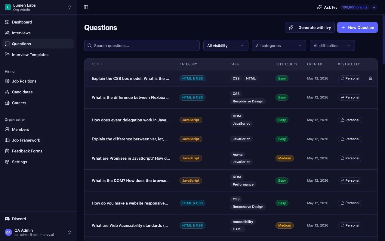 Technical interview platform showing frontend developer interview questions organized by category, tags, and difficulty levels