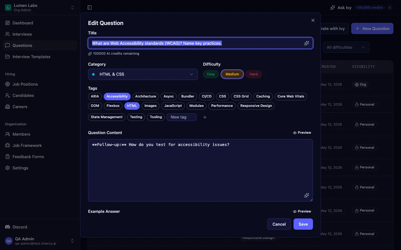 Interview question editor showing a frontend developer accessibility question with answer, tags, and difficulty