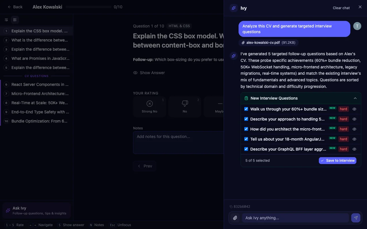 AI interview question generator showing targeted questions generated from resume analysis