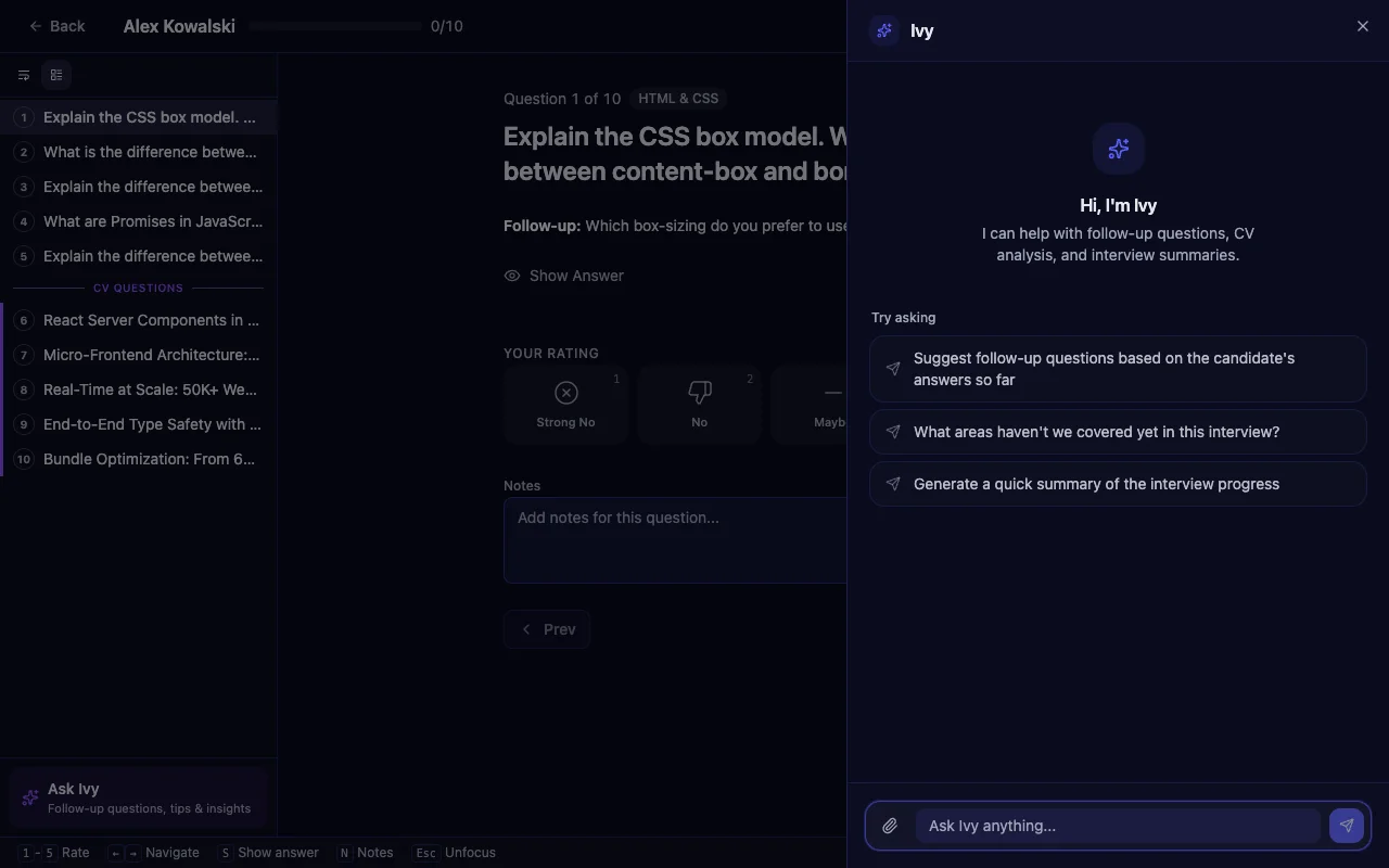 Ivy AI chat panel open during interview with attach files button and privacy notice for CV upload