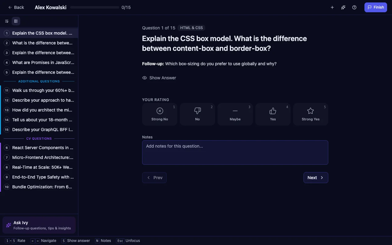 Interview conduct page showing grouped question list with CV Questions section highlighted in purple