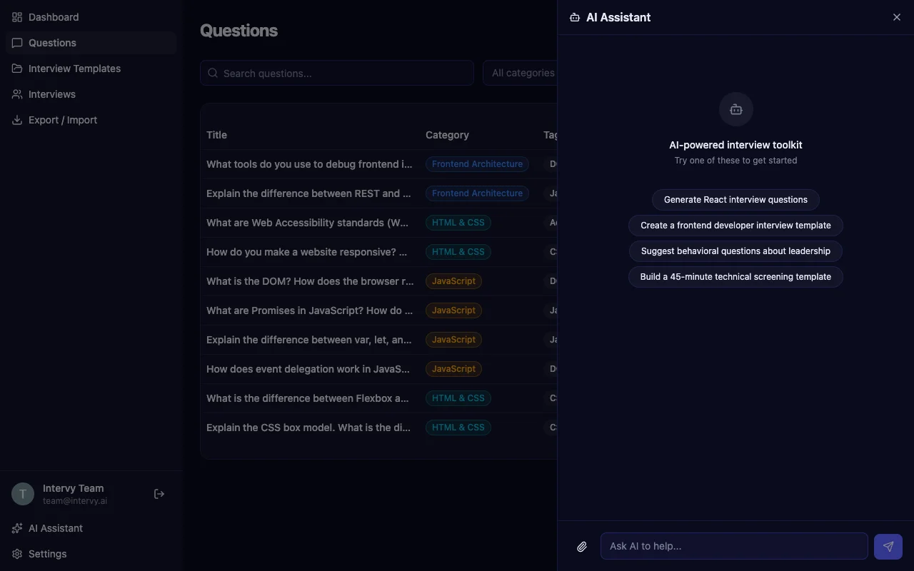Interview template builder with AI assistant panel for generating structured interview templates