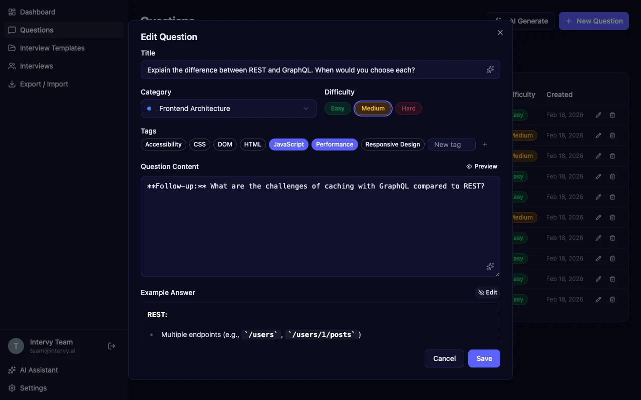 AI interview question generator with auto-fill buttons on title, content, and answer fields