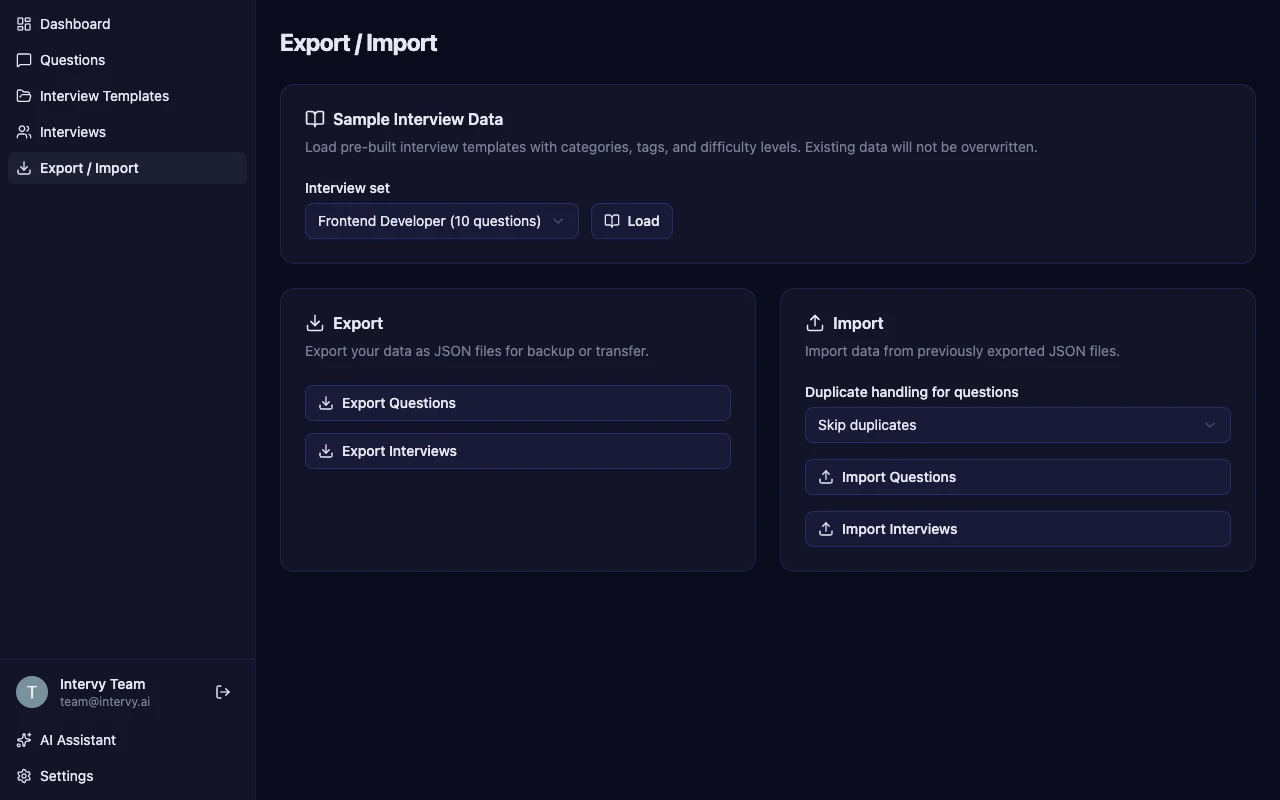 Technical interview platform seed data loader with pre-built question sets for quick setup