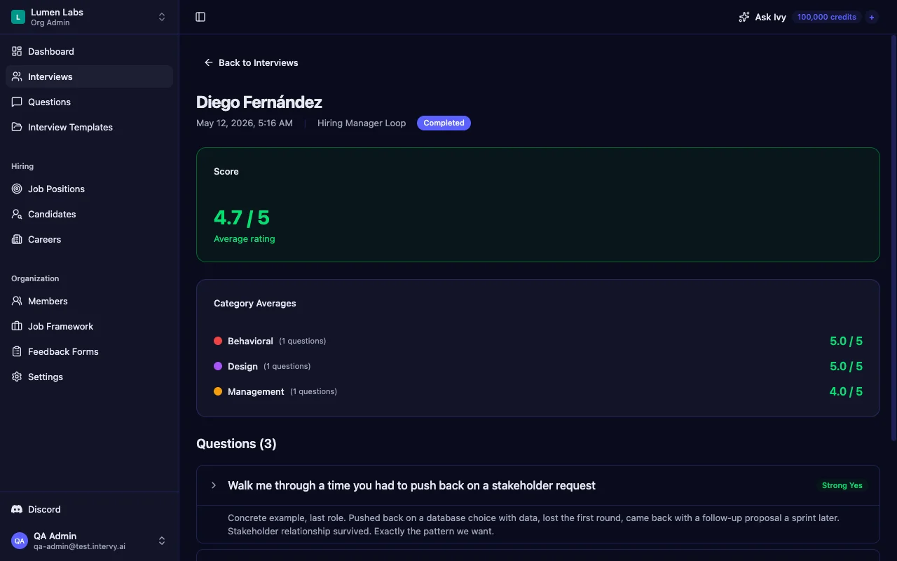 Interview review page showing the three rubric layers — the overall score, per-competency averages, and expanded per-question cards with ratings and comments