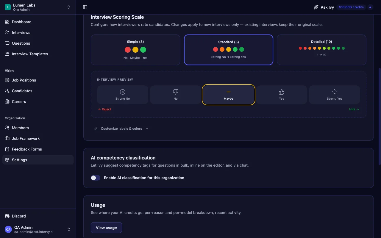 Org Settings scoring scale page showing the Standard 5-level preset with anchored labels Strong No through Strong Yes, each with its own color dot