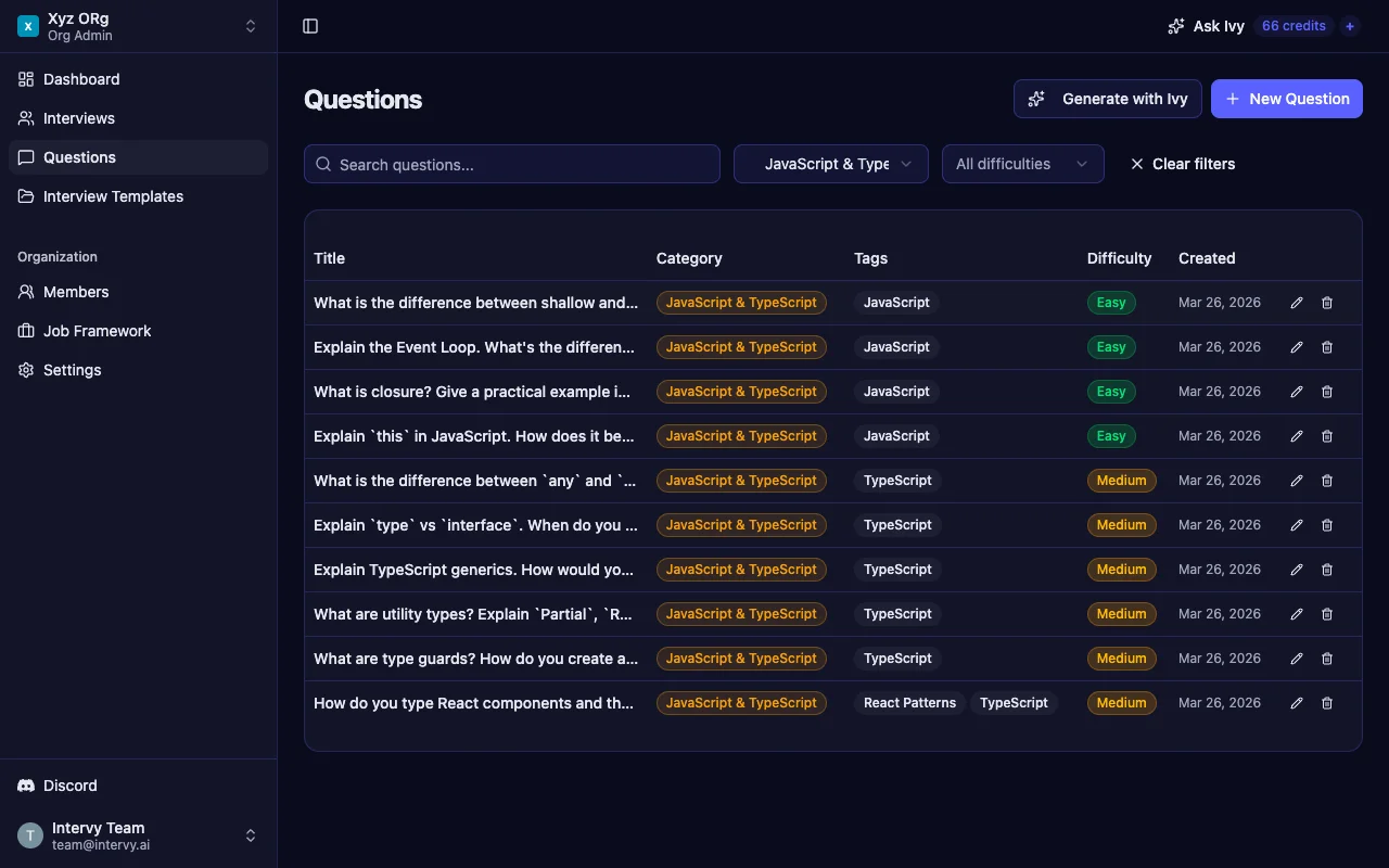Technical interview preparation tool showing JavaScript questions organized by category, tags, and difficulty levels