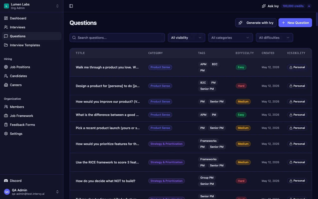 Interview preparation app for hiring managers showing product manager questions organised by category, tags, and difficulty levels