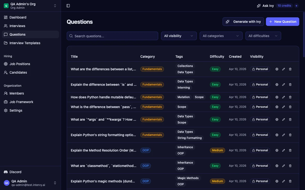 Technical interview preparation tool showing Python questions organized by category, tags, and difficulty levels