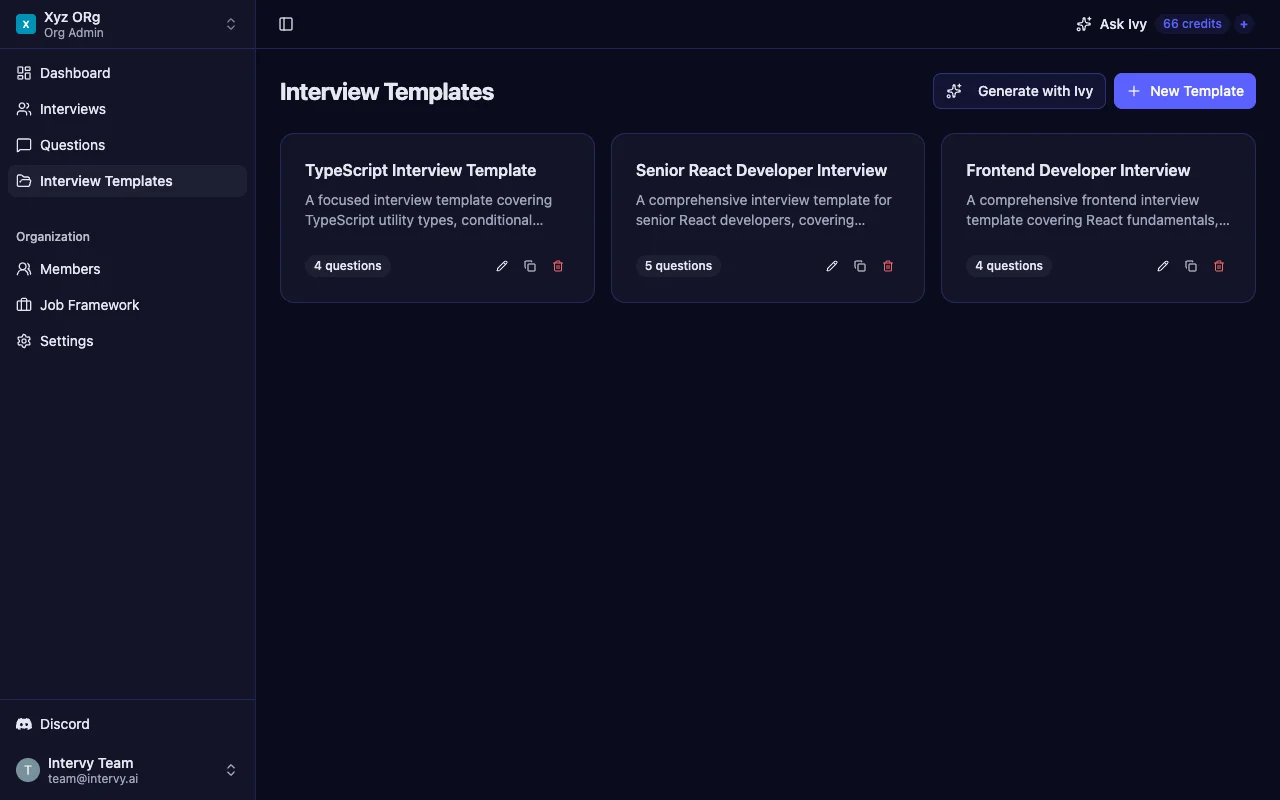 Interview template builder showing reusable Python interview templates with question counts