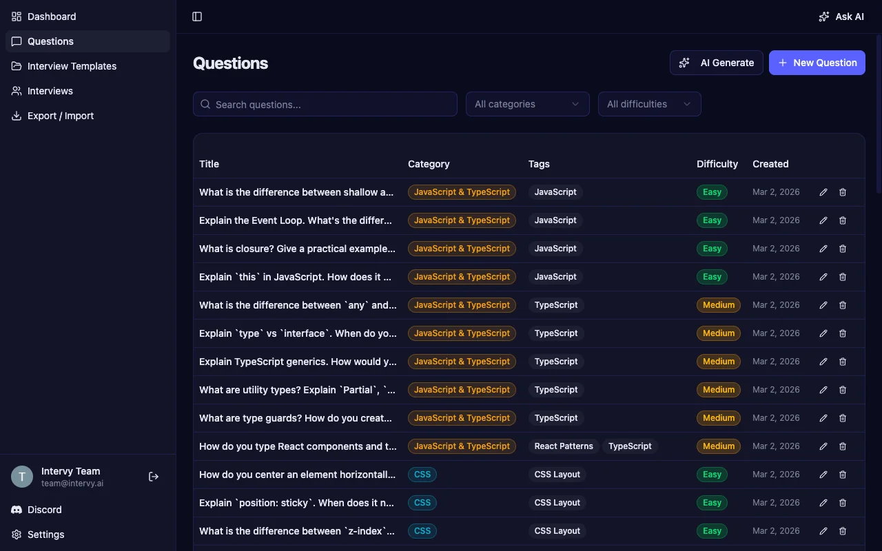 Technical interview platform showing React questions organized by category, tags, and difficulty levels