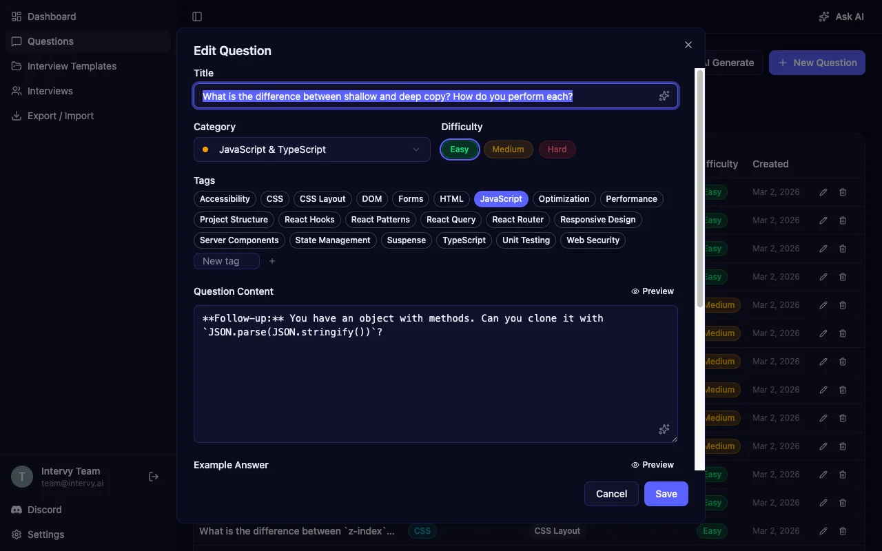 Intervy question editor showing title, category, difficulty selector, tags, and Markdown content fields