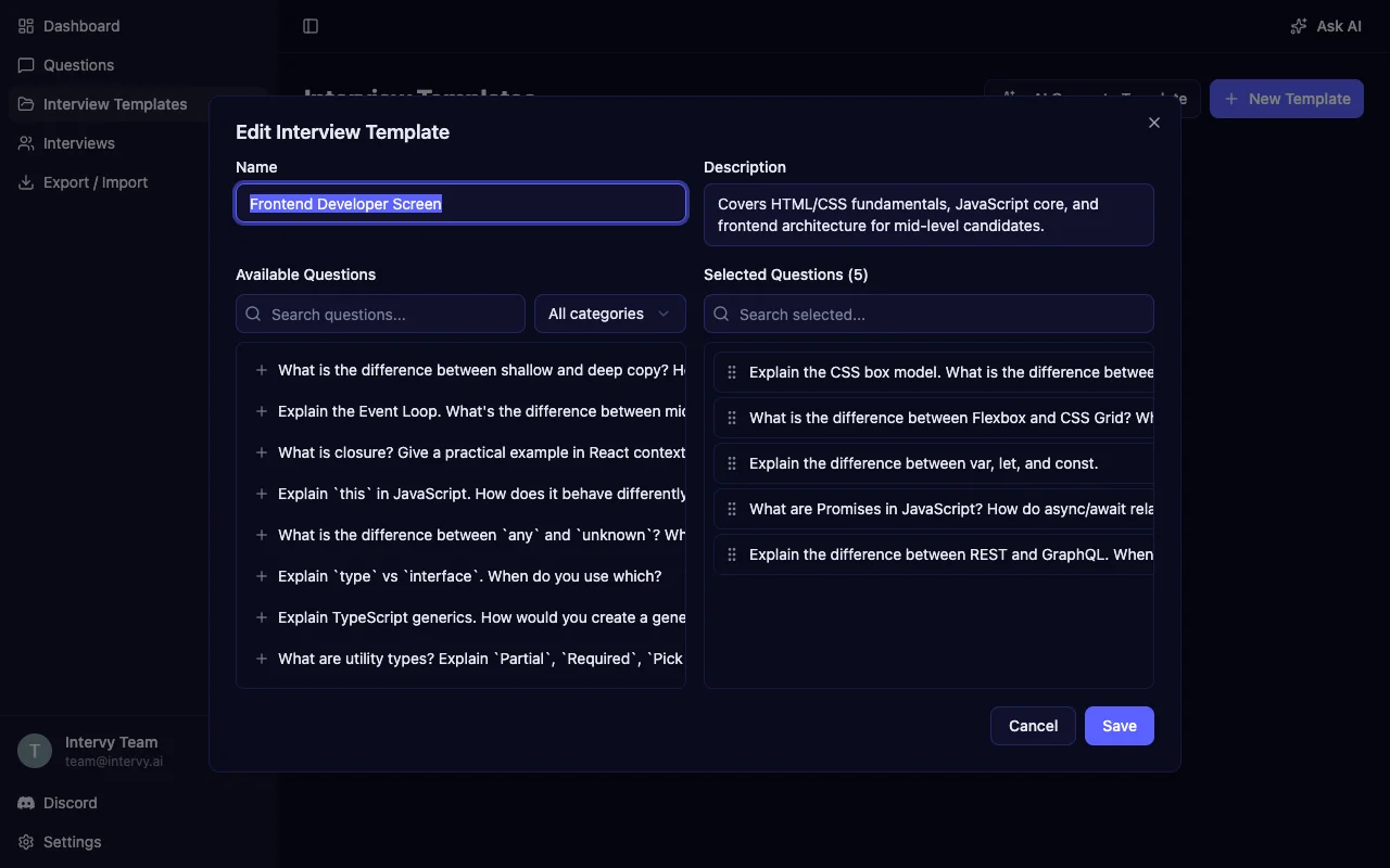 Interview template builder with available questions on the left and selected questions with drag-and-drop reordering on the right