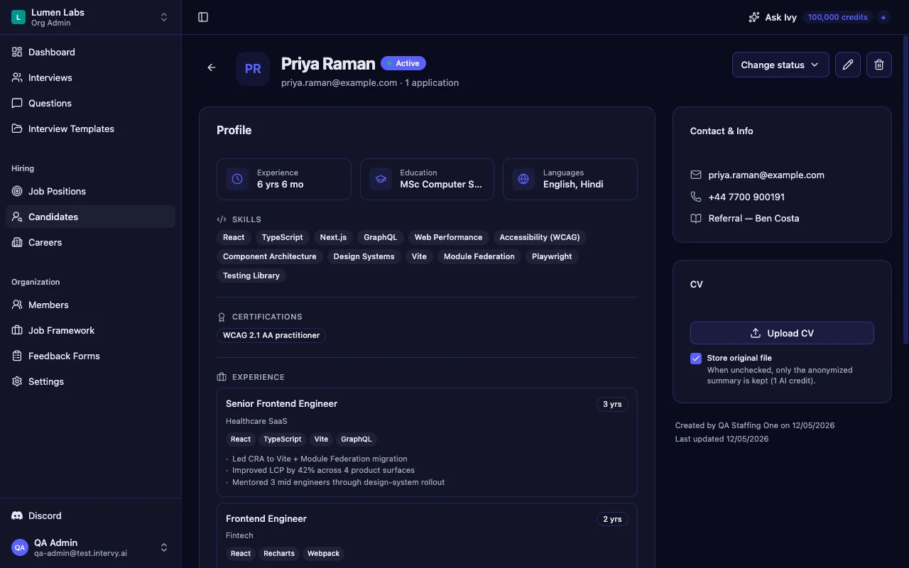 Candidate detail page showing the anonymized profile section with skills, duration, and industry domain instead of employer names