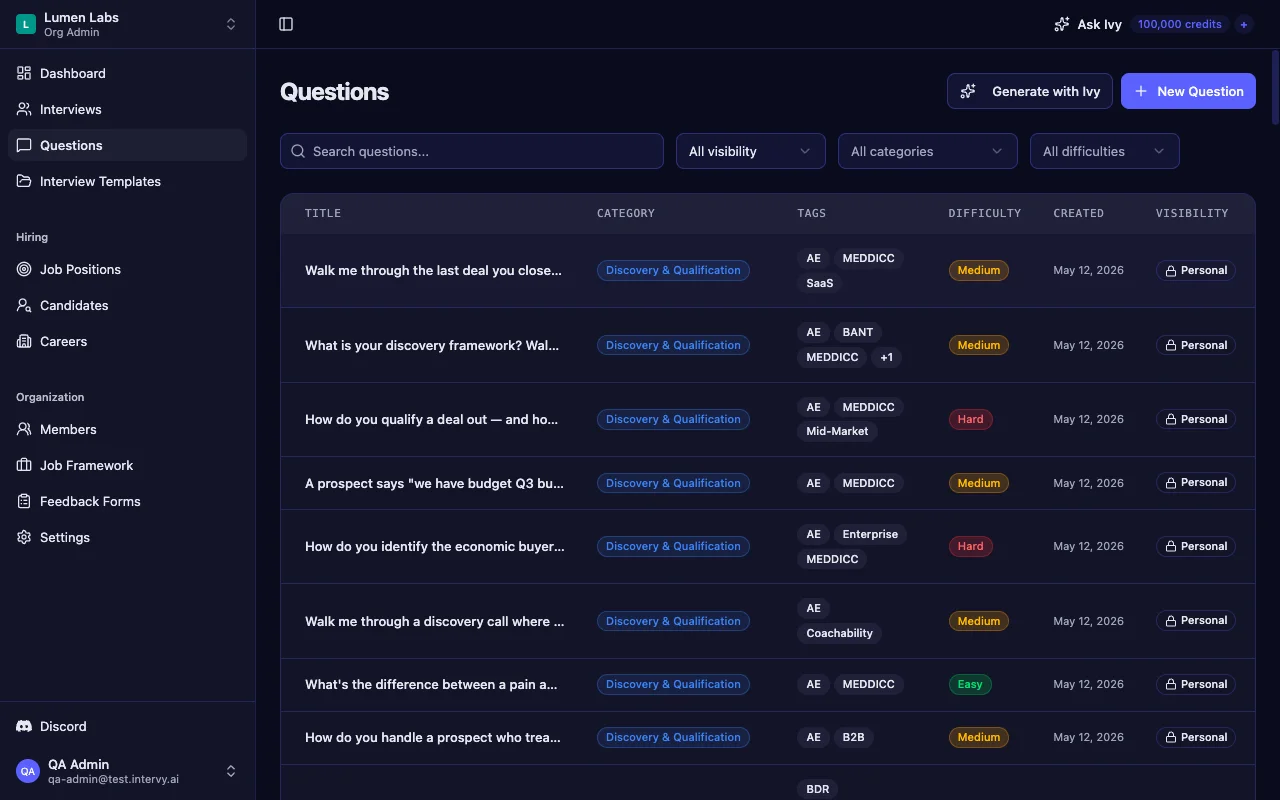 Sales interview question bank with categories like Discovery, Outbound, Objection Handling and color-coded difficulty levels