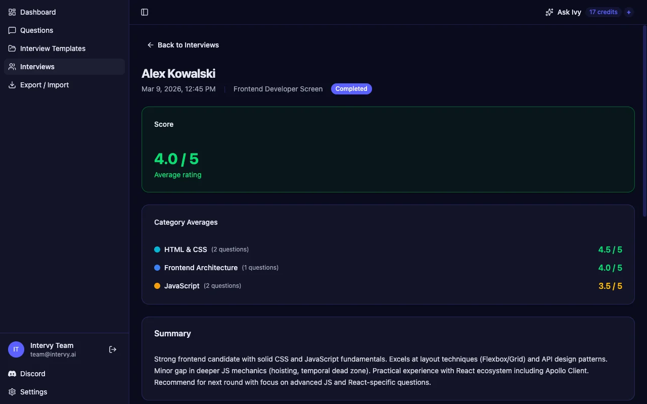 Intervy interview review with color-coded score cards