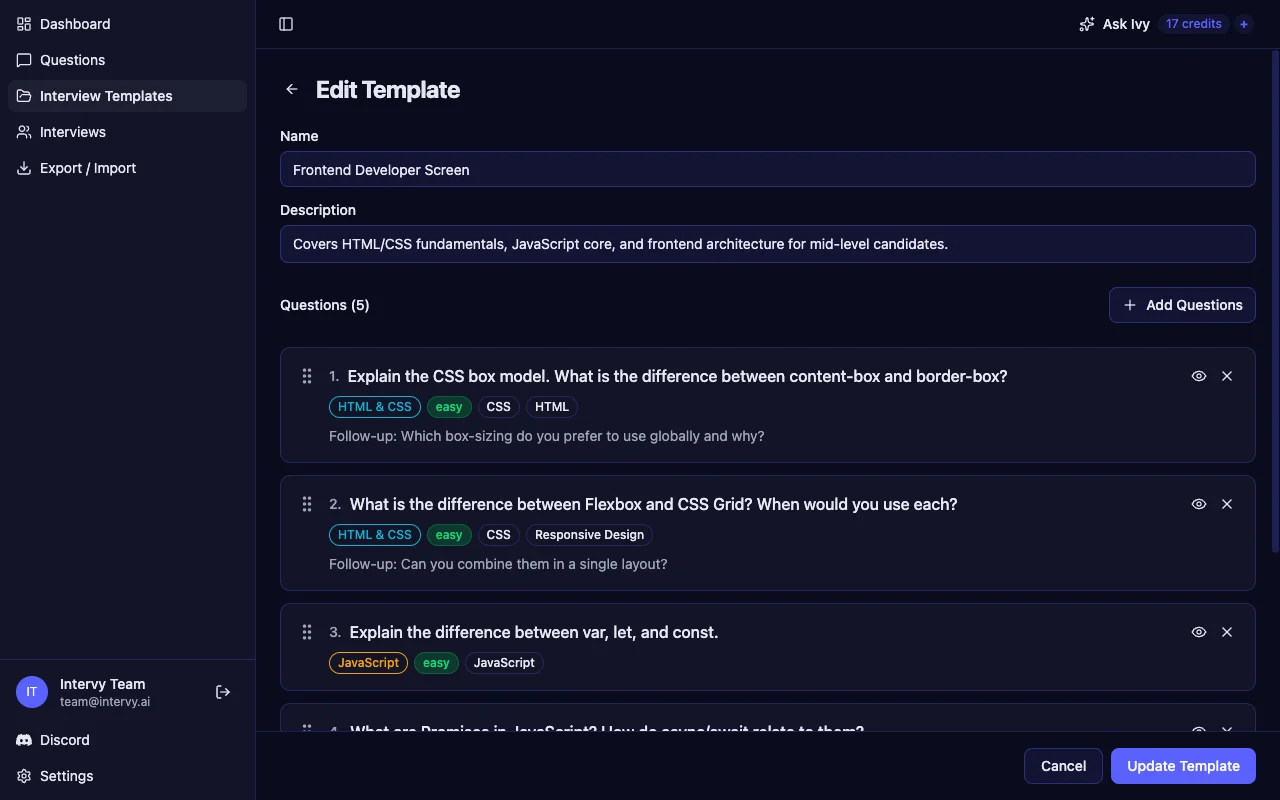 Intervy template builder with drag-and-drop question ordering